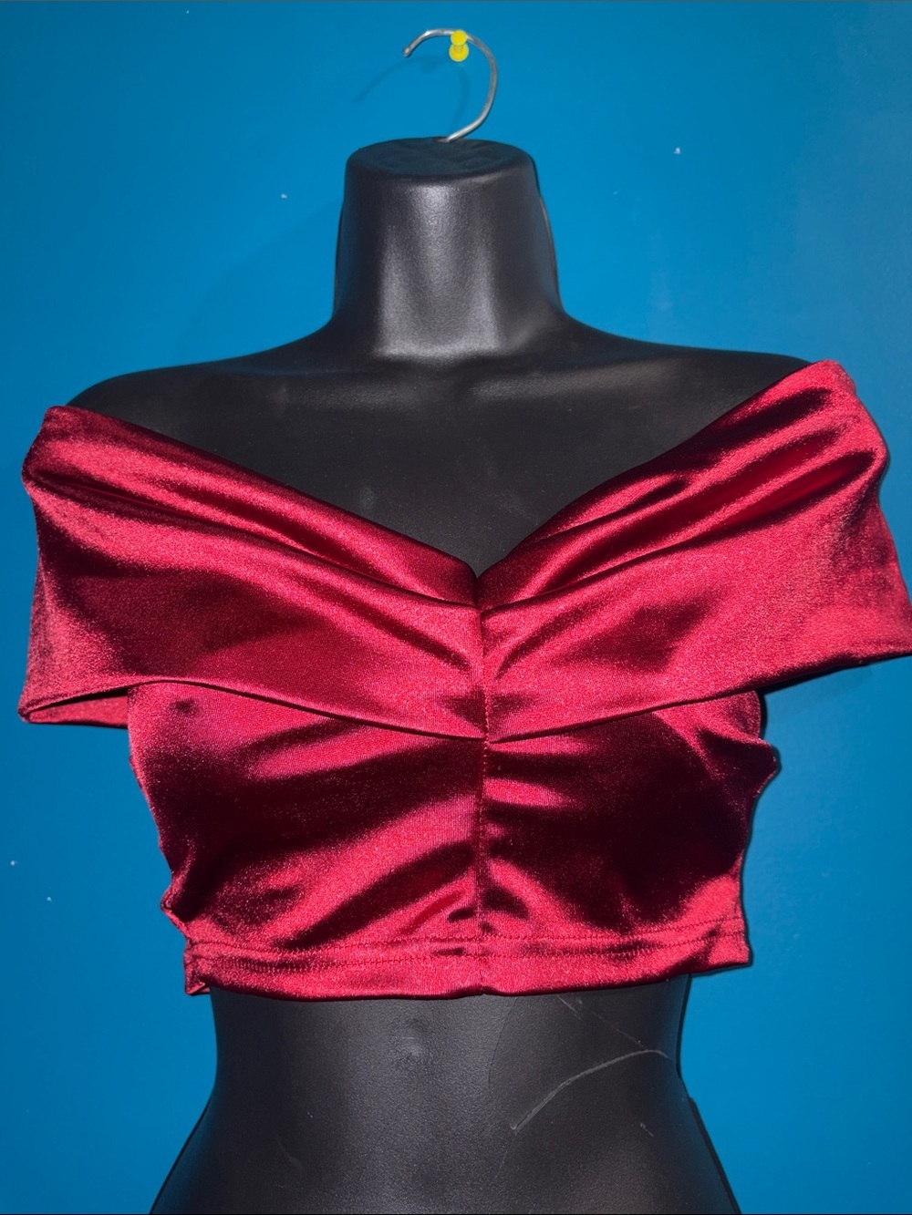 SHEIN Off-Shoulder Satin Crop Top in Burgundy